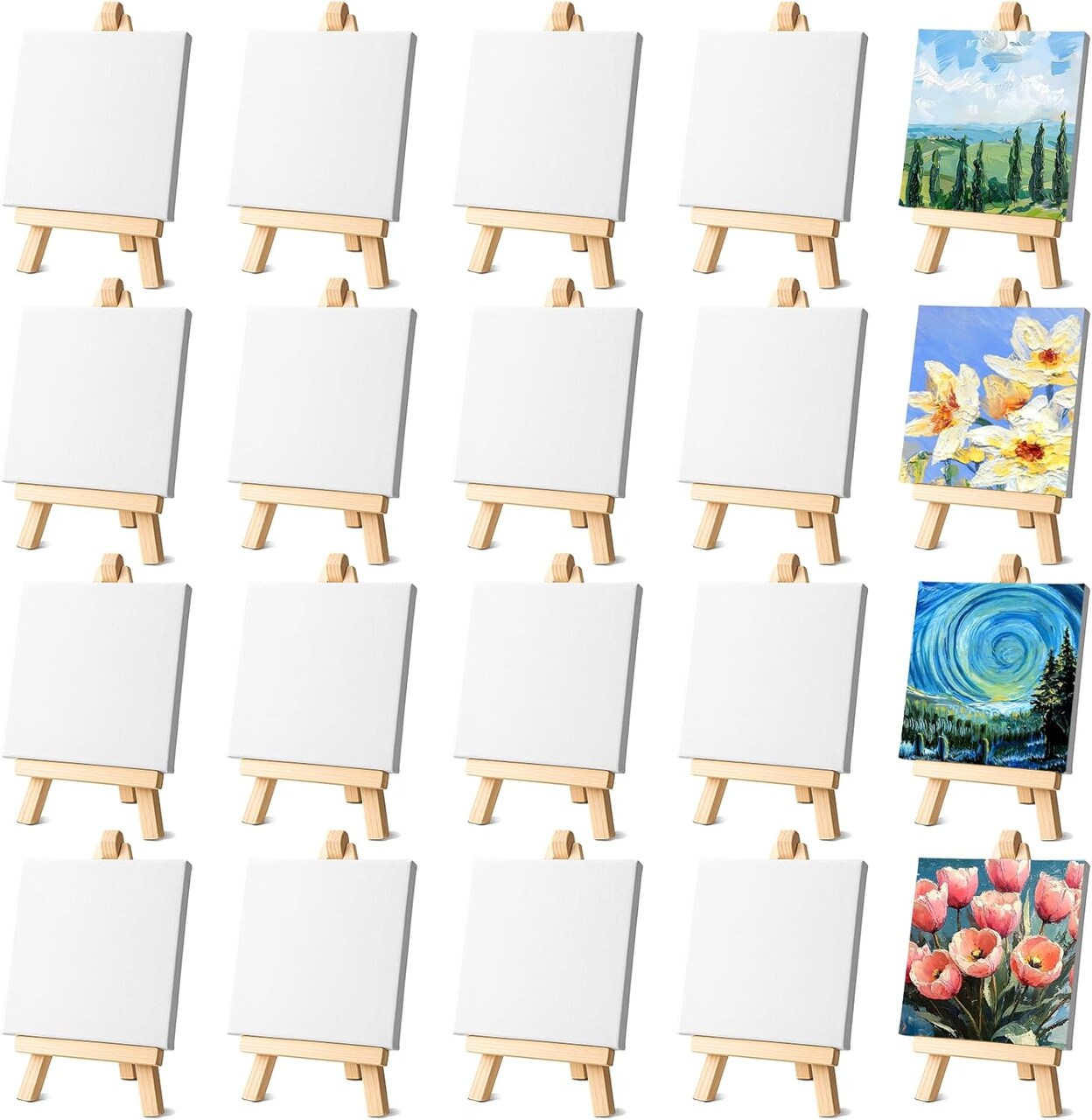24 Pack Mini Canvases with Easel Sets 4 x 4 Inch(white + wood color)